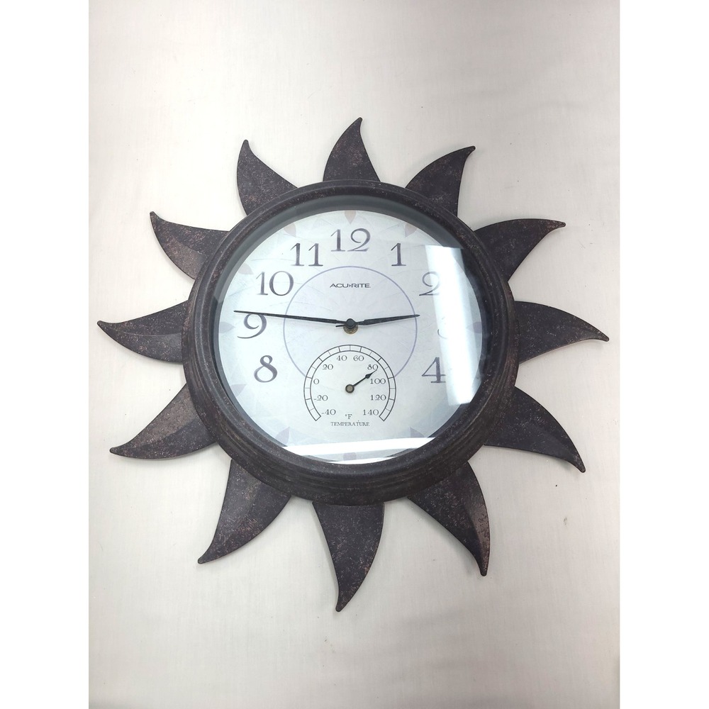 ACU RITE Hanging Clock + Temp Celestial Sun Bronze Painted 19x19 Works